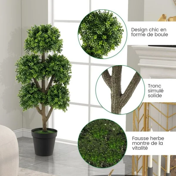 Arbre Topiaire en Buis Artificiel de 115 Cm Faux Arbre Topiaire à 5 Boules Dans un Pot Lesté Rempli de Ciment Faux Arbre Décoratif D'intérieur Vert