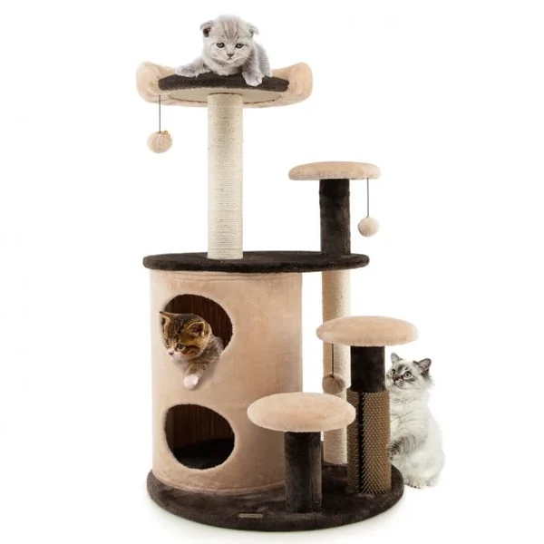 Arbre à Chat 102 CM avec Griffoirs 3 Boules en Peluche et Niche à 2 Niveaux 4 Plates-formes pour Chaton et Chat Café