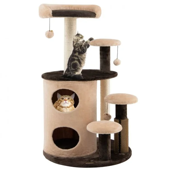 Arbre à Chat 102 CM avec Griffoirs 3 Boules en Peluche et Niche à 2 Niveaux 4 Plates-formes pour Chaton et Chat Café
