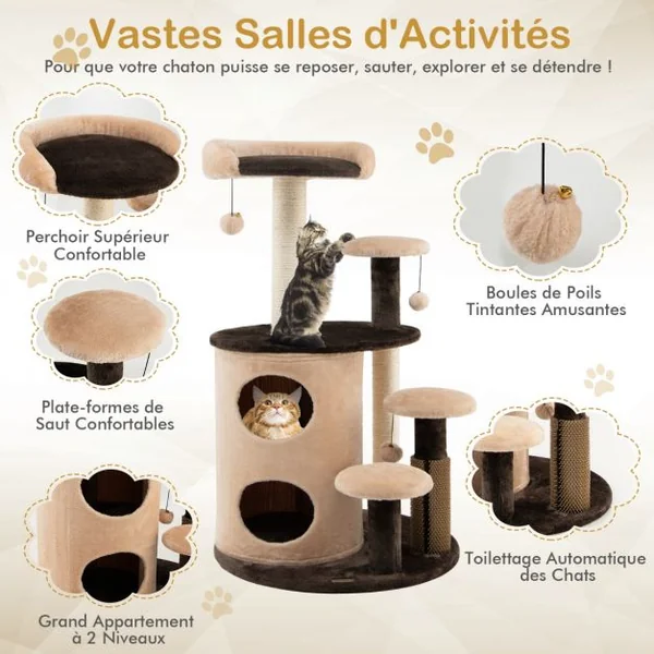 Arbre à Chat 102 CM avec Griffoirs 3 Boules en Peluche et Niche à 2 Niveaux 4 Plates-formes pour Chaton et Chat Café