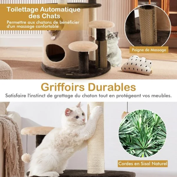 Arbre à Chat 102 CM avec Griffoirs 3 Boules en Peluche et Niche à 2 Niveaux 4 Plates-formes pour Chaton et Chat Café