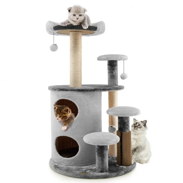 Arbre à Chat 102 CM avec Griffoirs 3 Boules en Peluche et Niche à 2 Niveaux 4 Plates-formes pour Chaton et Chat Gris