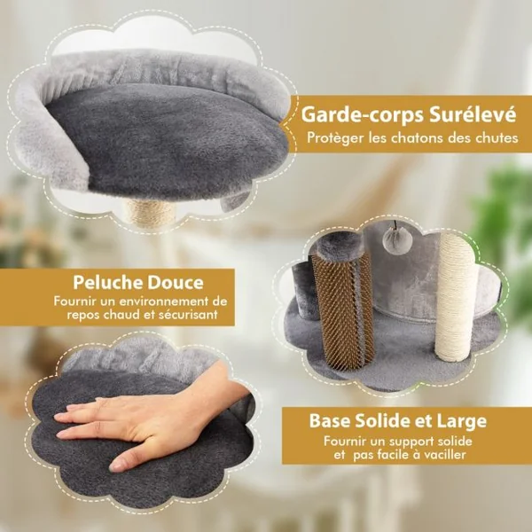 Arbre à Chat 102 CM avec Griffoirs 3 Boules en Peluche et Niche à 2 Niveaux 4 Plates-formes pour Chaton et Chat Gris