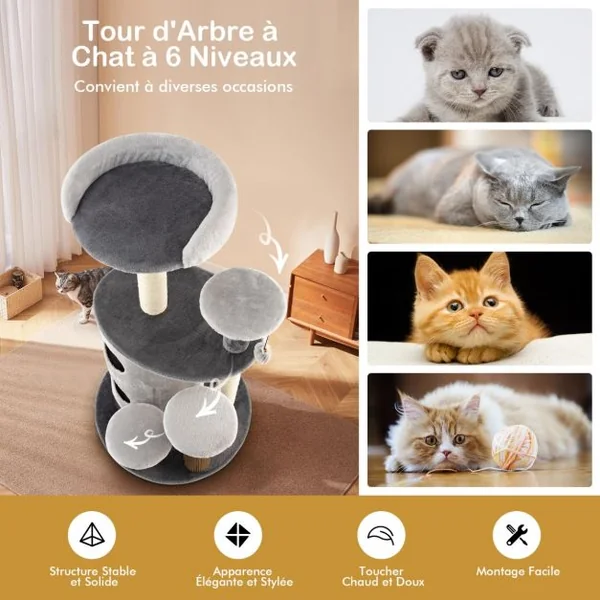 Arbre à Chat 102 CM avec Griffoirs 3 Boules en Peluche et Niche à 2 Niveaux 4 Plates-formes pour Chaton et Chat Gris