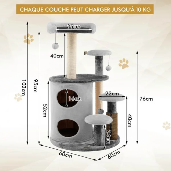 Arbre à Chat 102 CM avec Griffoirs 3 Boules en Peluche et Niche à 2 Niveaux 4 Plates-formes pour Chaton et Chat Gris