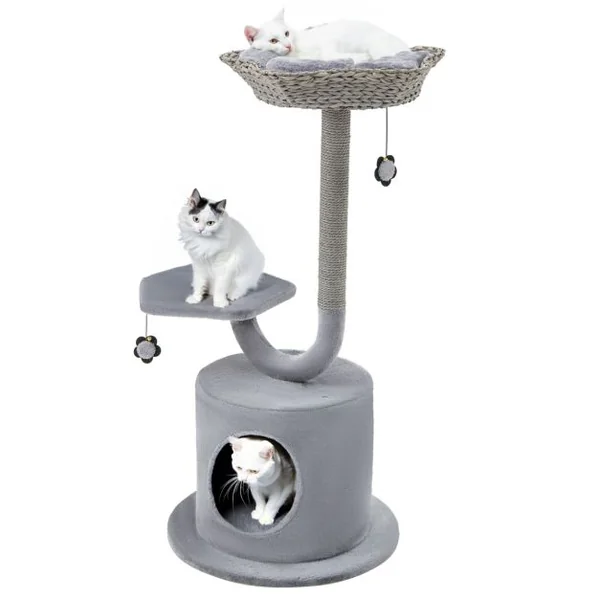 Arbre à chat 106 CM Perchoir Condo et 2 Balles Suspendues Tour à Chat Poteaux de Soutien en Métal et Coussin Amovible Gris