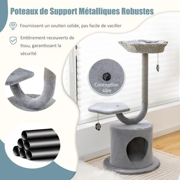 Arbre à chat 106 CM Perchoir Condo et 2 Balles Suspendues Tour à Chat Poteaux de Soutien en Métal et Coussin Amovible Gris