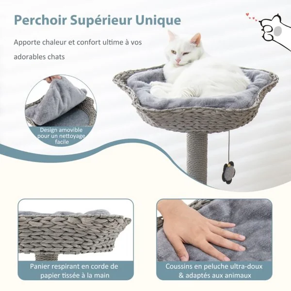 Arbre à chat 106 CM Perchoir Condo et 2 Balles Suspendues Tour à Chat Poteaux de Soutien en Métal et Coussin Amovible Gris