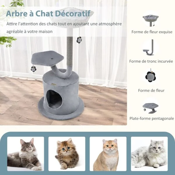 Arbre à chat 106 CM Perchoir Condo et 2 Balles Suspendues Tour à Chat Poteaux de Soutien en Métal et Coussin Amovible Gris