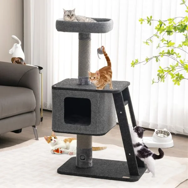 Arbre à Chat 108CM avec Poteaux à Griffer, Condo, Pompon Suspendu et Perchoir, Tour de Jeux pour Chats avec Rampe en Sisal Gris