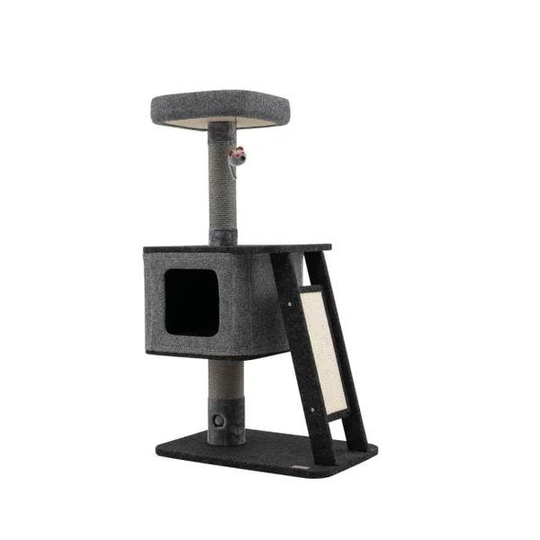 Arbre à Chat 108CM avec Poteaux à Griffer, Condo, Pompon Suspendu et Perchoir, Tour de Jeux pour Chats avec Rampe en Sisal Gris