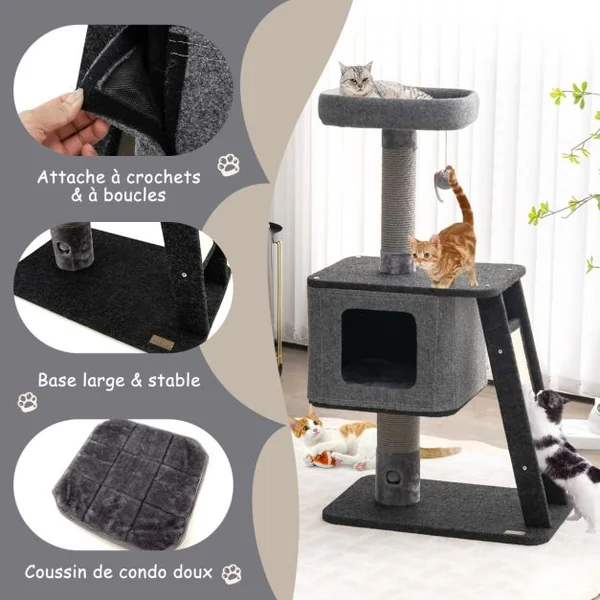 Arbre à Chat 108CM avec Poteaux à Griffer, Condo, Pompon Suspendu et Perchoir, Tour de Jeux pour Chats avec Rampe en Sisal Gris