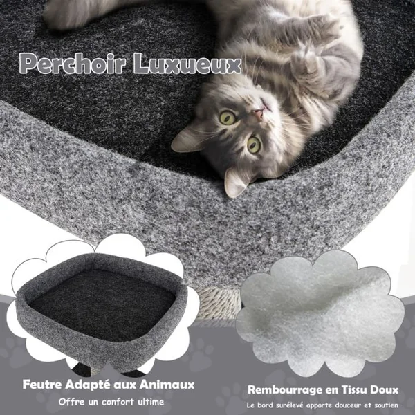 Arbre à Chat 108CM avec Poteaux à Griffer, Condo, Pompon Suspendu et Perchoir, Tour de Jeux pour Chats avec Rampe en Sisal Gris