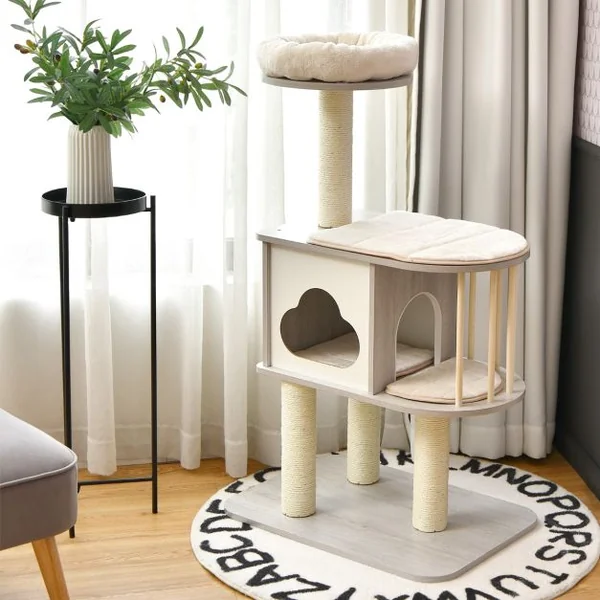 Arbre à Chat 117CM en Bois avec Plate-Forme Griffoirs et Coussins Lavables Centre d'Activités pour Chat Chaton