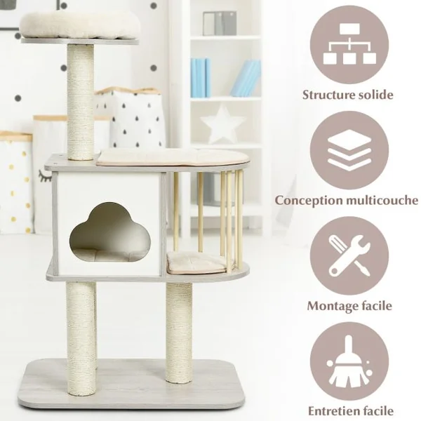 Arbre à Chat 117CM en Bois avec Plate-Forme Griffoirs et Coussins Lavables Centre d'Activités pour Chat Chaton