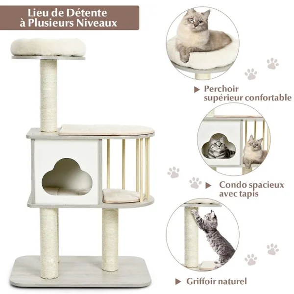 Arbre à Chat 117CM en Bois avec Plate-Forme Griffoirs et Coussins Lavables Centre d'Activités pour Chat Chaton