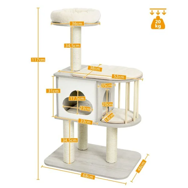 Arbre à Chat 117CM en Bois avec Plate-Forme Griffoirs et Coussins Lavables Centre d'Activités pour Chat Chaton