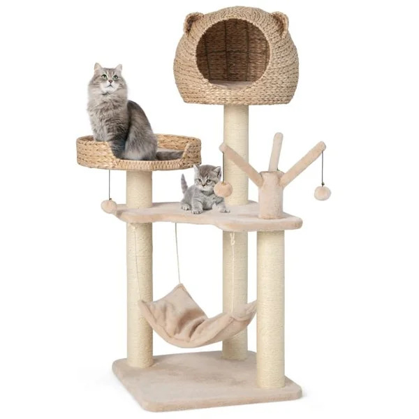 Arbre à Chat 121 CM à 5 Niveaux avec Boules et Hamac Suspendues Centre d'Activités pour Chats avec Niche et Poteaux en Sisal