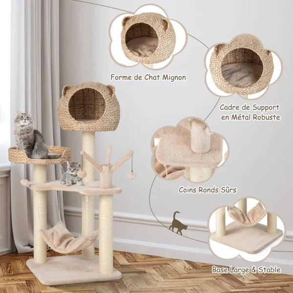 Arbre à Chat 121 CM à 5 Niveaux avec Boules et Hamac Suspendues Centre d'Activités pour Chats avec Niche et Poteaux en Sisal