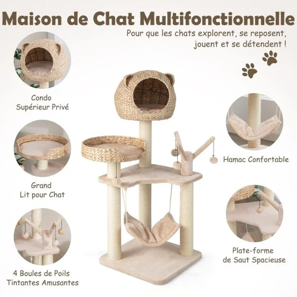 Arbre à Chat 121 CM à 5 Niveaux avec Boules et Hamac Suspendues Centre d'Activités pour Chats avec Niche et Poteaux en Sisal