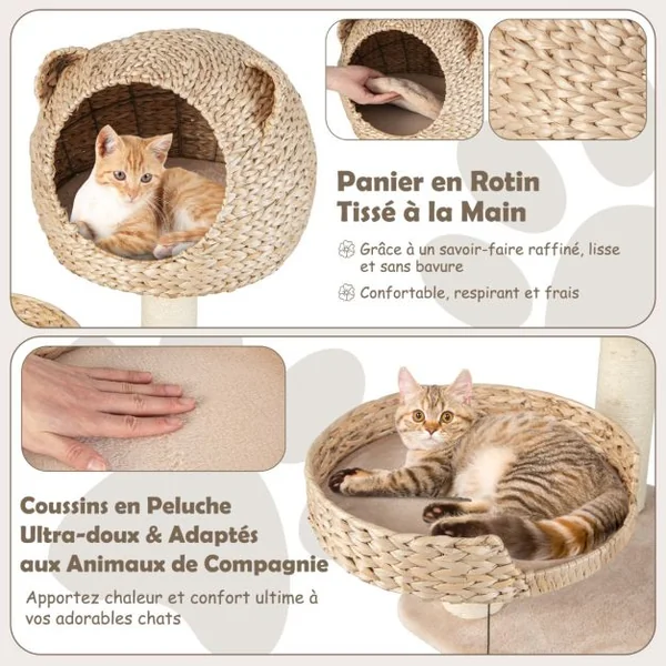 Arbre à Chat 121 CM à 5 Niveaux avec Boules et Hamac Suspendues Centre d'Activités pour Chats avec Niche et Poteaux en Sisal