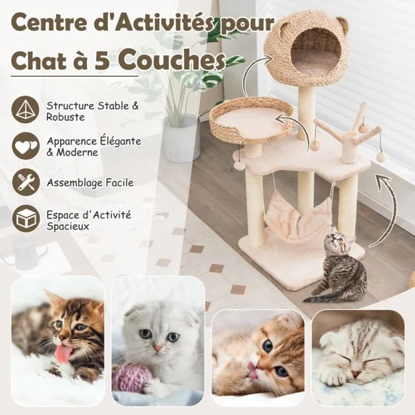 Arbre à Chat 121 CM à 5 Niveaux avec Boules et Hamac Suspendues Centre d'Activités pour Chats avec Niche et Poteaux en Sisal