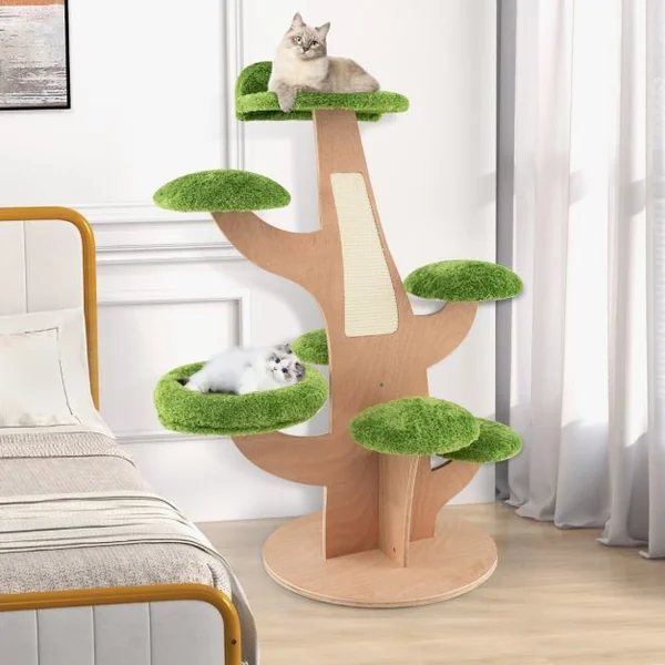 Arbre à Chat 128 CM Griffoirs Perchoir Patins Antidérapant Lit pour Chat Tour de Jeux pour Chat en Forme de Pin Vert