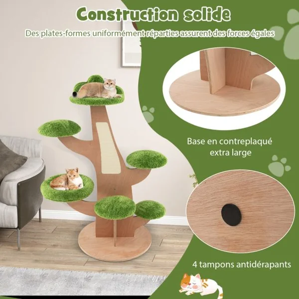 Arbre à Chat 128 CM Griffoirs Perchoir Patins Antidérapant Lit pour Chat Tour de Jeux pour Chat en Forme de Pin Vert