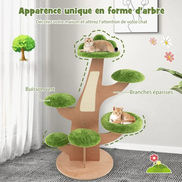 Arbre à Chat 128 CM Griffoirs Perchoir Patins Antidérapant Lit pour Chat Tour de Jeux pour Chat en Forme de Pin Vert