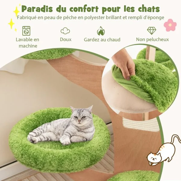 Arbre à Chat 128 CM Griffoirs Perchoir Patins Antidérapant Lit pour Chat Tour de Jeux pour Chat en Forme de Pin Vert