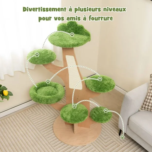 Arbre à Chat 128 CM Griffoirs Perchoir Patins Antidérapant Lit pour Chat Tour de Jeux pour Chat en Forme de Pin Vert