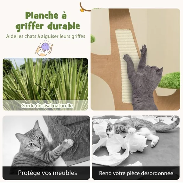 Arbre à Chat 128 CM Griffoirs Perchoir Patins Antidérapant Lit pour Chat Tour de Jeux pour Chat en Forme de Pin Vert