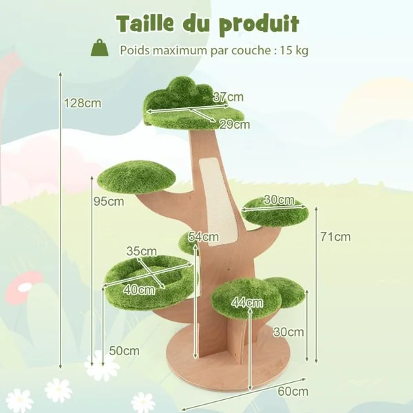 Arbre à Chat 128 CM Griffoirs Perchoir Patins Antidérapant Lit pour Chat Tour de Jeux pour Chat en Forme de Pin Vert