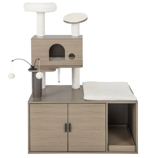 Arbre à Chat 132CM Maison de Toilette pour Chat à 2 Porte Coussin Amovible Griffoir Condo Perchoir Supérieur Gris