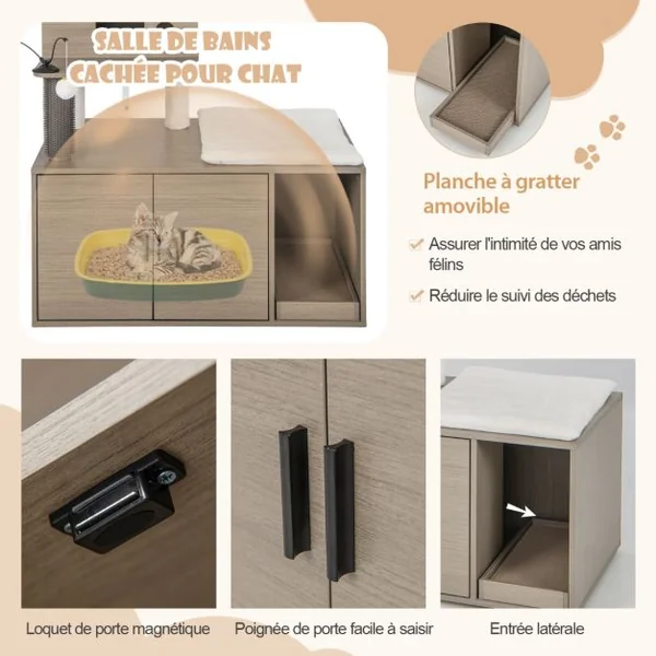 Arbre à Chat 132CM Maison de Toilette pour Chat à 2 Porte Coussin Amovible Griffoir Condo Perchoir Supérieur Gris