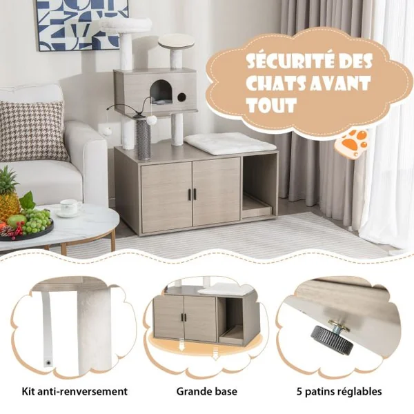 Arbre à Chat 132CM Maison de Toilette pour Chat à 2 Porte Coussin Amovible Griffoir Condo Perchoir Supérieur Gris