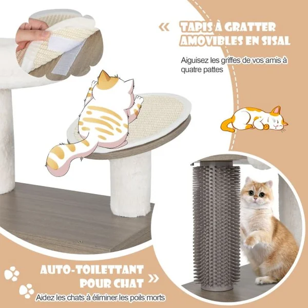 Arbre à Chat 132CM Maison de Toilette pour Chat à 2 Porte Coussin Amovible Griffoir Condo Perchoir Supérieur Gris