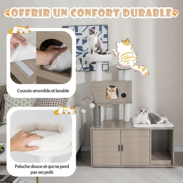 Arbre à Chat 132CM Maison de Toilette pour Chat à 2 Porte Coussin Amovible Griffoir Condo Perchoir Supérieur Gris