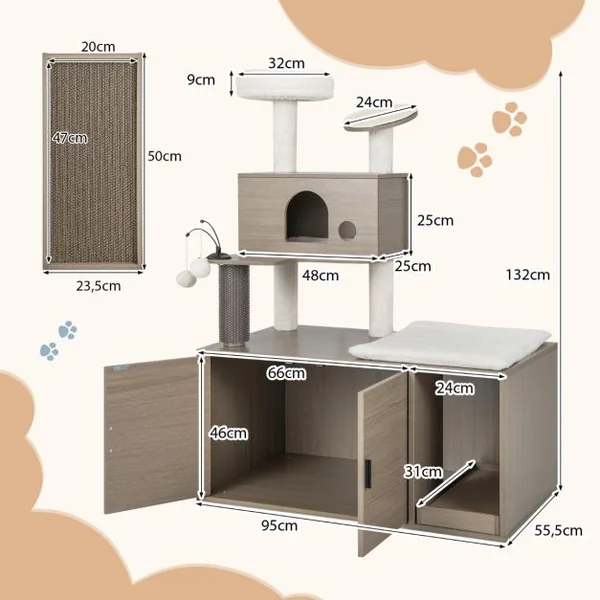 Arbre à Chat 132CM Maison de Toilette pour Chat à 2 Porte Coussin Amovible Griffoir Condo Perchoir Supérieur Gris