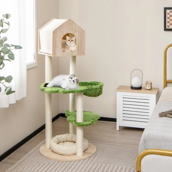 Arbre à Chat 139 CM en Bois Poteau Griffoir Condo Panier Lit pour Chat 2 Plate-forme Tour de Jeux pour Chat Vert