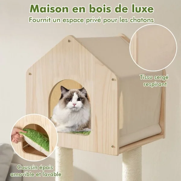 Arbre à Chat 139 CM en Bois Poteau Griffoir Condo Panier Lit pour Chat 2 Plate-forme Tour de Jeux pour Chat Vert