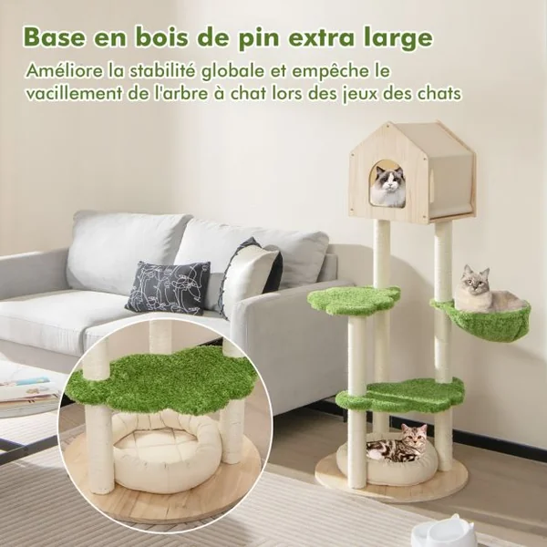 Arbre à Chat 139 CM en Bois Poteau Griffoir Condo Panier Lit pour Chat 2 Plate-forme Tour de Jeux pour Chat Vert