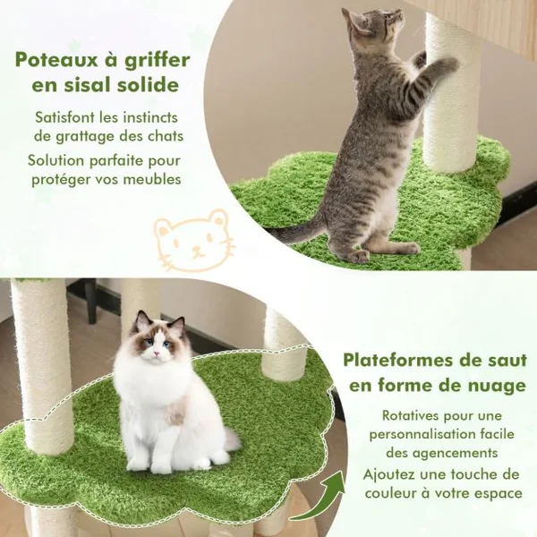 Arbre à Chat 139 CM en Bois Poteau Griffoir Condo Panier Lit pour Chat 2 Plate-forme Tour de Jeux pour Chat Vert