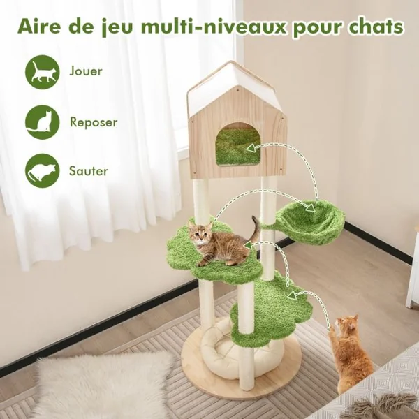 Arbre à Chat 139 CM en Bois Poteau Griffoir Condo Panier Lit pour Chat 2 Plate-forme Tour de Jeux pour Chat Vert
