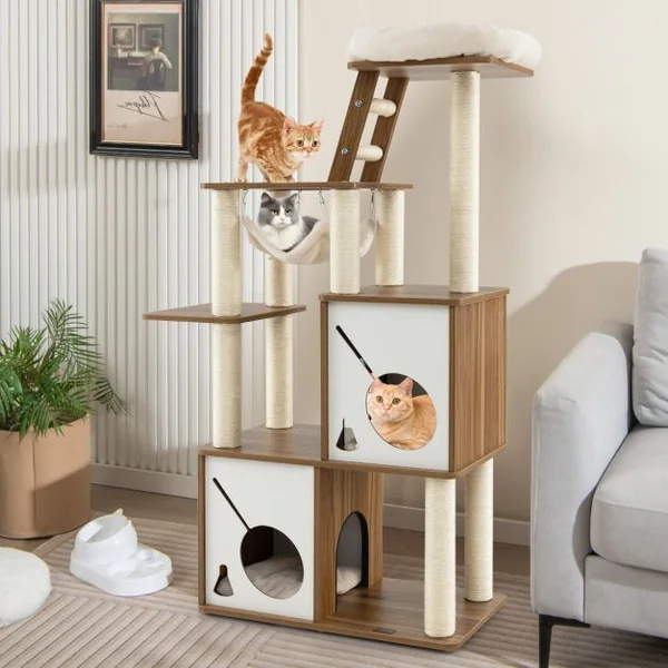 Arbre à Chat 145 CM Tour à Plusieurs Niveaux avec Poteaux à Griffer Perchoir Échelle Hamac Suspendu et 2 Condos Maison de Jeu Naturel
