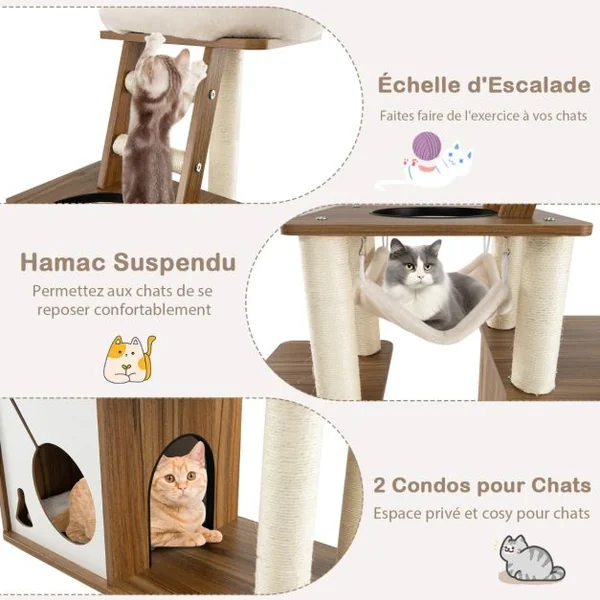 Arbre à Chat 145 CM Tour à Plusieurs Niveaux avec Poteaux à Griffer Perchoir Échelle Hamac Suspendu et 2 Condos Maison de Jeu Naturel
