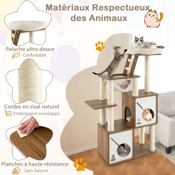 Arbre à Chat 145 CM Tour à Plusieurs Niveaux avec Poteaux à Griffer Perchoir Échelle Hamac Suspendu et 2 Condos Maison de Jeu Naturel