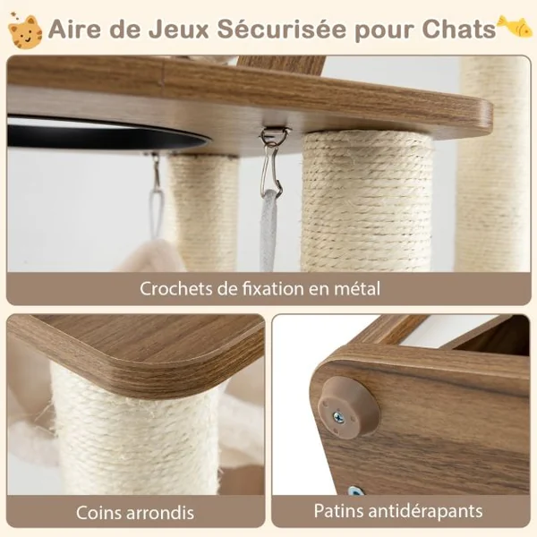 Arbre à Chat 145 CM Tour à Plusieurs Niveaux avec Poteaux à Griffer Perchoir Échelle Hamac Suspendu et 2 Condos Maison de Jeu Naturel
