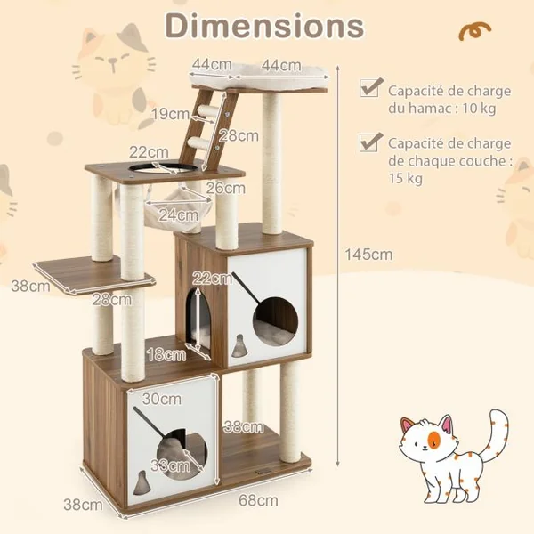 Arbre à Chat 145 CM Tour à Plusieurs Niveaux avec Poteaux à Griffer Perchoir Échelle Hamac Suspendu et 2 Condos Maison de Jeu Naturel