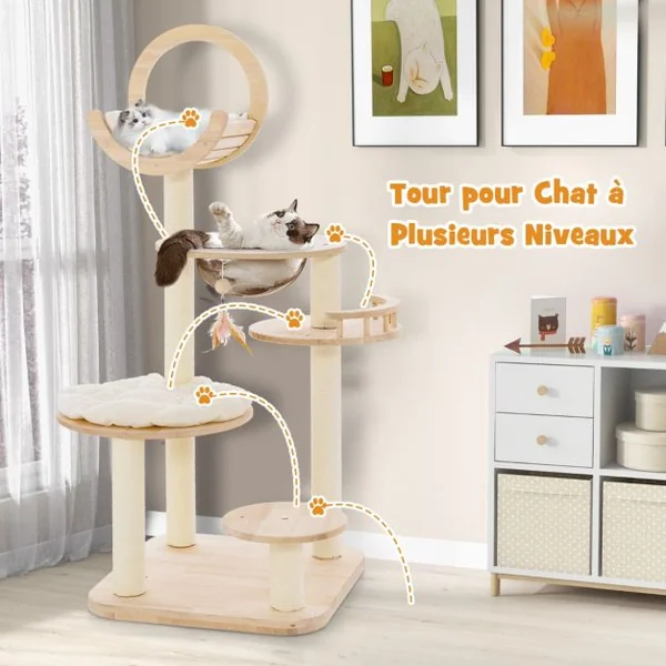 Arbre à Chat 146 cm en Blocs de Construction Tour à Chat en Bois Chêne 4 en 1 avec Condo & hublot Griffoir en Sisal Plateforme Rembourrée